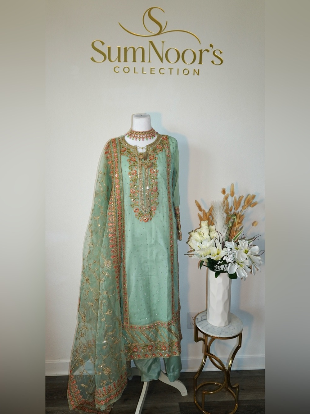 SumNoor's Collection Mint Green Embroidered Salwar Kameez